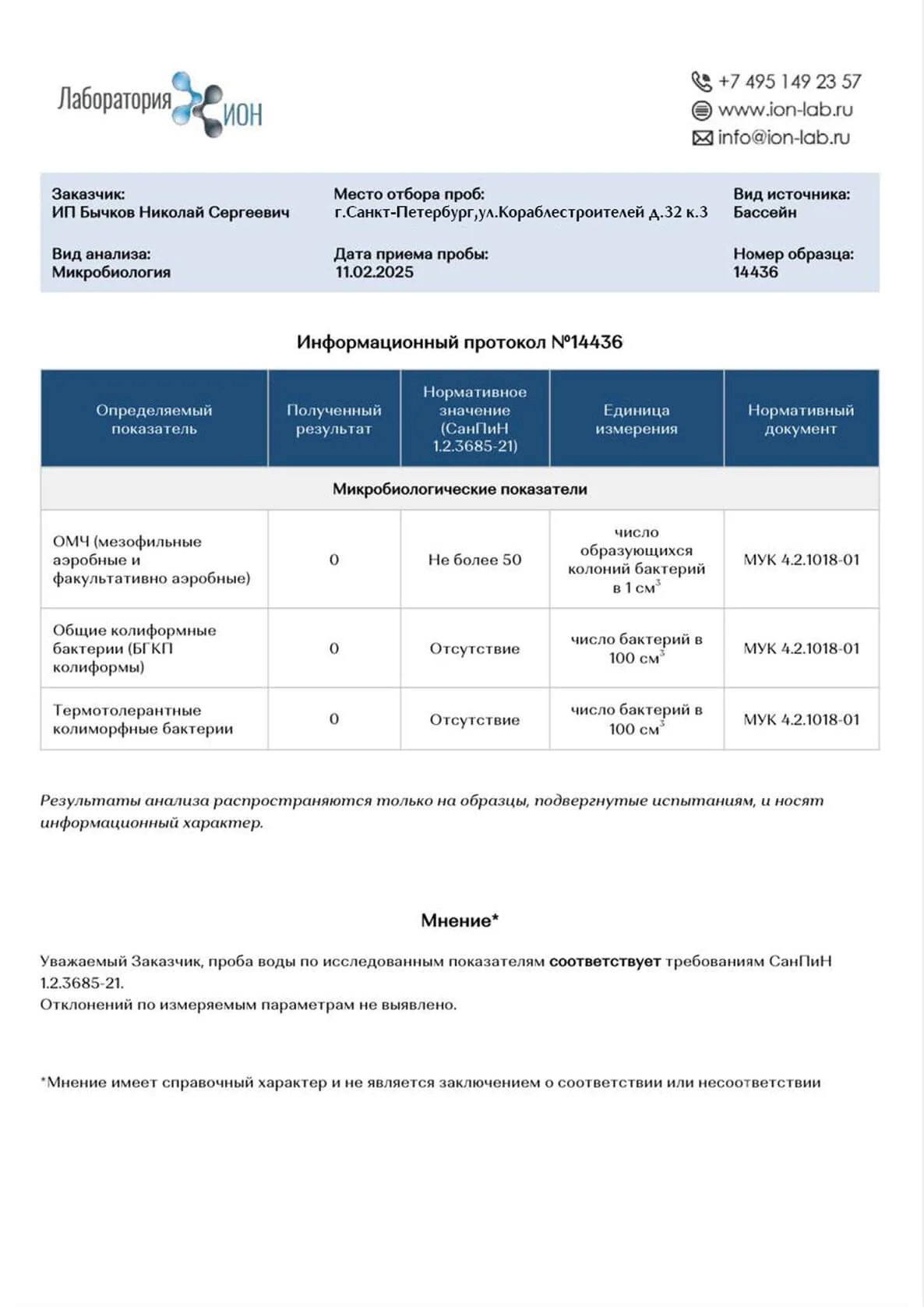Протокол микробиологического исследования воды в студии Санкт-Петербурга