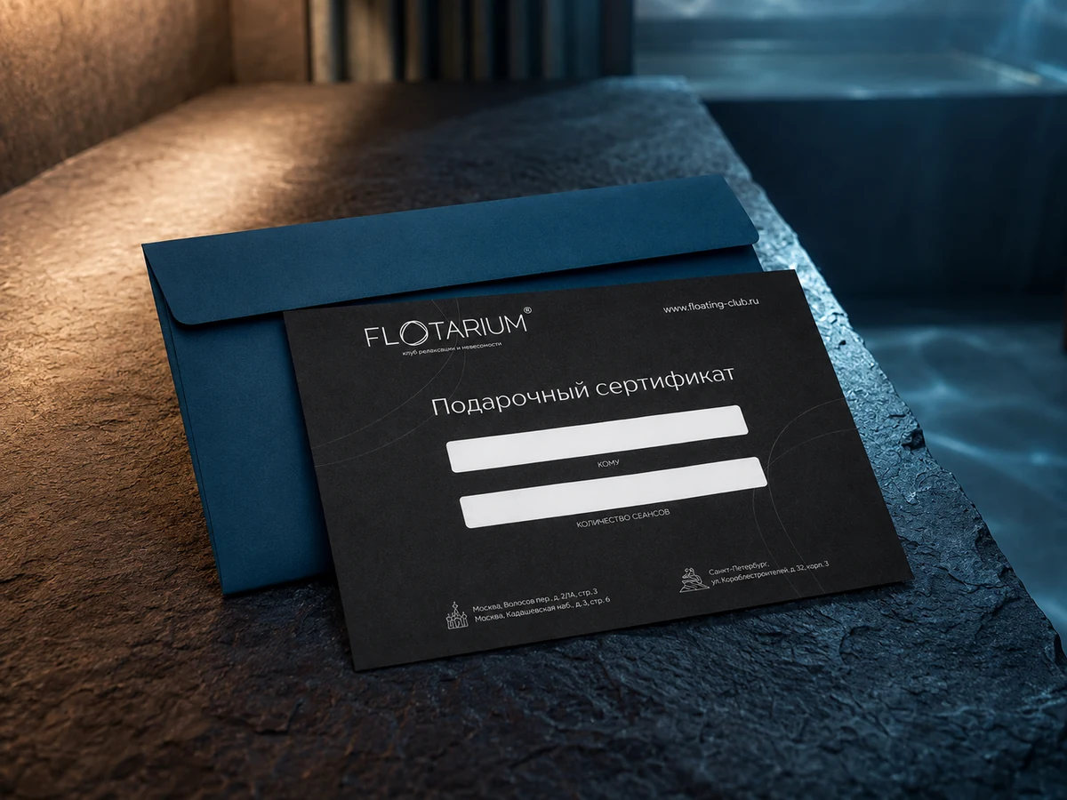 Бумажный подарочный сертификат FLOTARIUM с синим конвертом на каменной поверхности в спа
