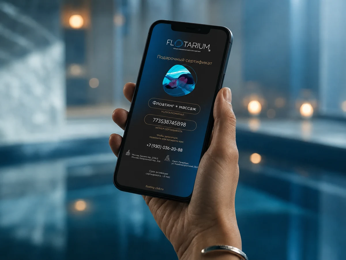 Электронный подарочный сертификат FLOTARIUM на экране смартфона в руке на фоне спа-бассейна